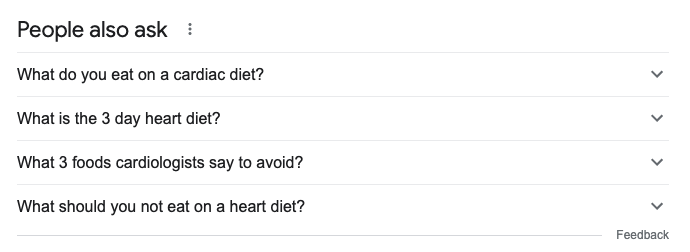 People Also Ask section on Google - questions related to cardiac diet