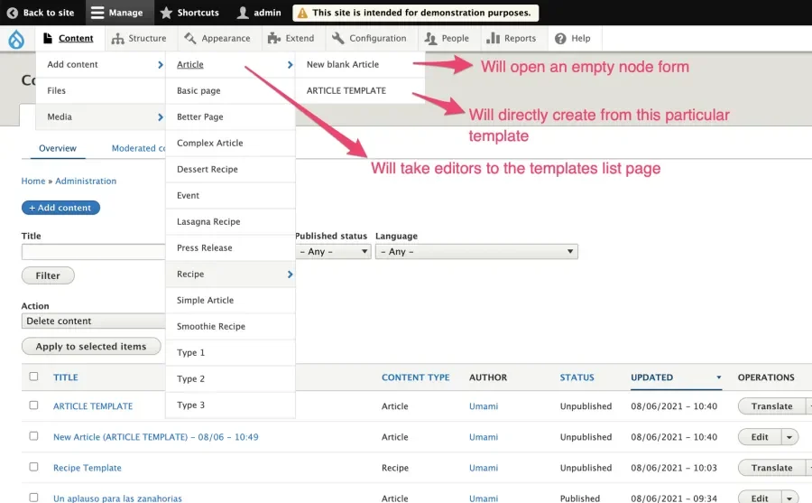 Admin toolbar dropdown menus showing the options for creating an article from a template or a blank article