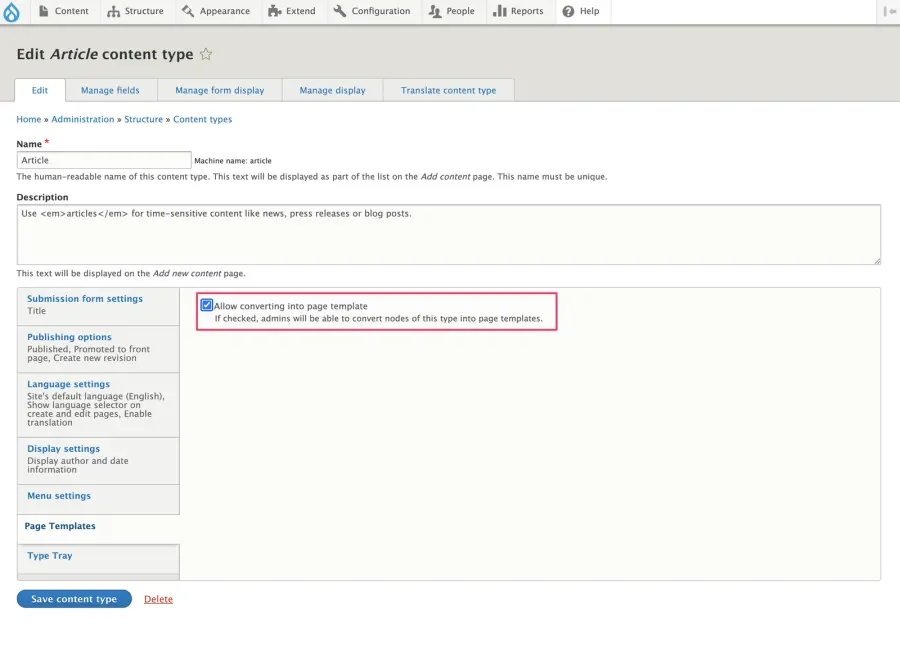 Article content type settings page with the Page Templates vertical tab selected. It shows the "allows converting into page templates" toggle setting