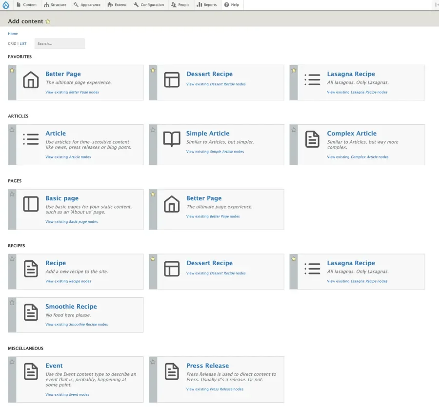 Drupal's Add Content page with the Type Tray and Page Template modules setup and configured. Each content type has an icon and each content type has a link to view existing nodes of that type.