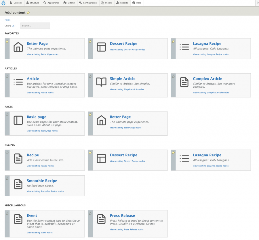 Drupal's Add Content page with the Type Tray and Page Template modules setup and configured. Each content type has an icon and each content type has a link to view existing nodes of that type.
