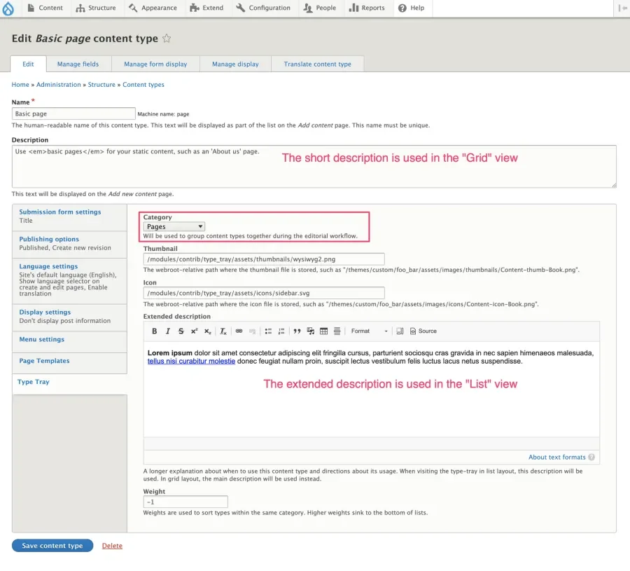 Basic page content type settings, with the Type Tray vertical tab selected. The category selected is "Pages." Extended description. Short description.