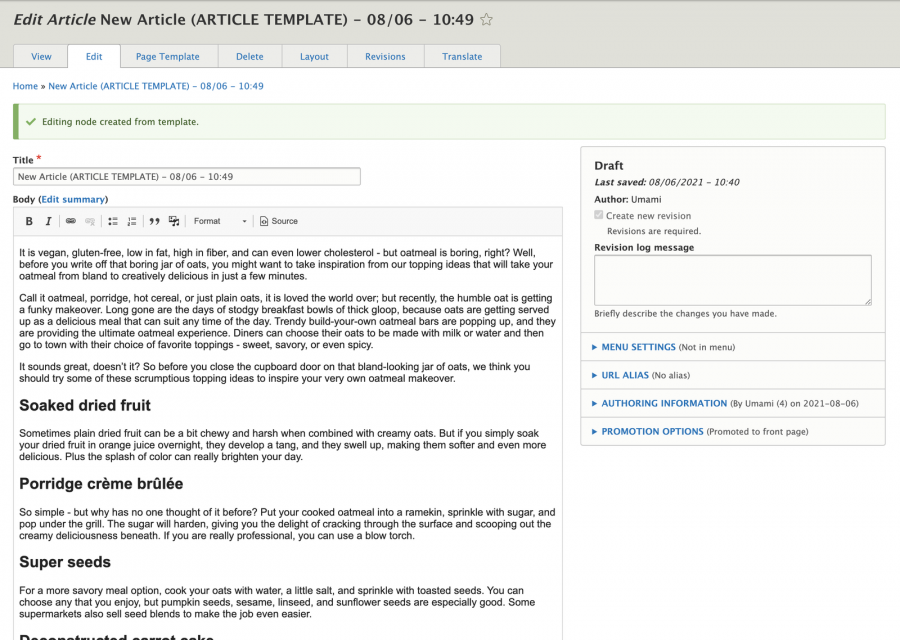 creating an article from a template. The content in the body field is already filled out.