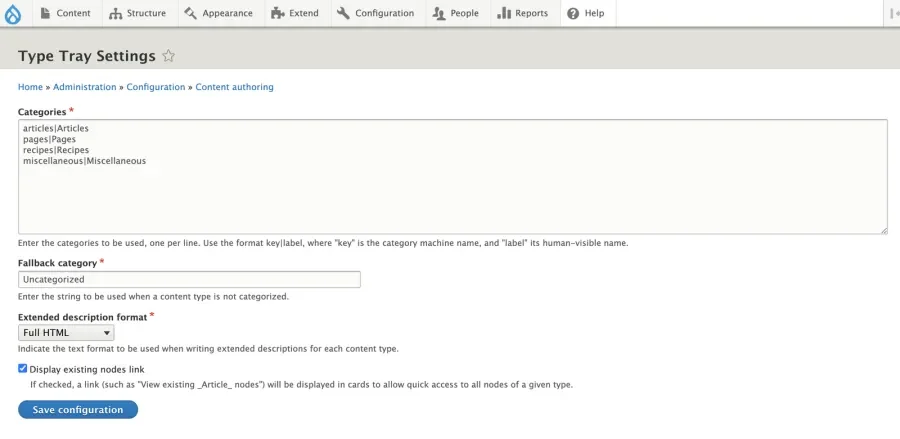 Type Tray module settings page. Categories, fallback category, and Extended description format, and a toggle for the existing nodes link