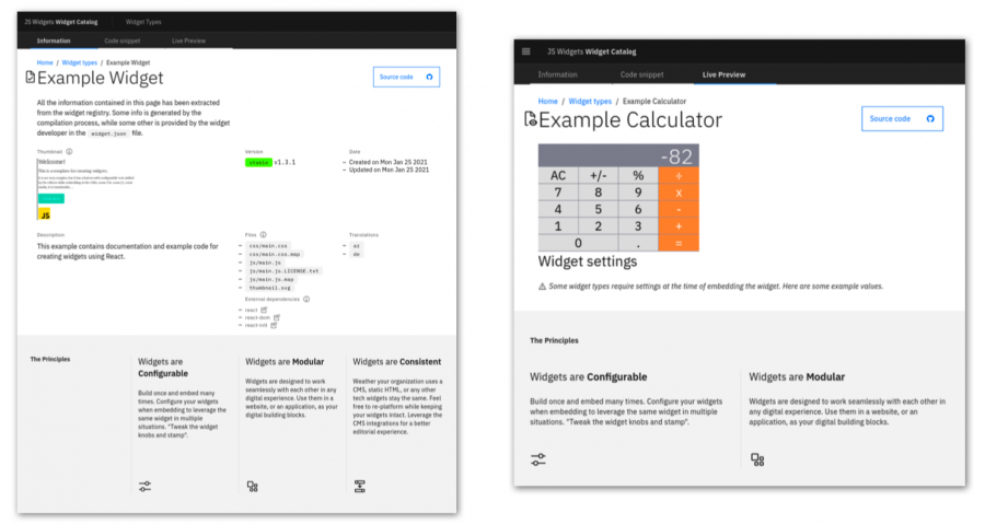 The widget catalog rendering an example calculator widget