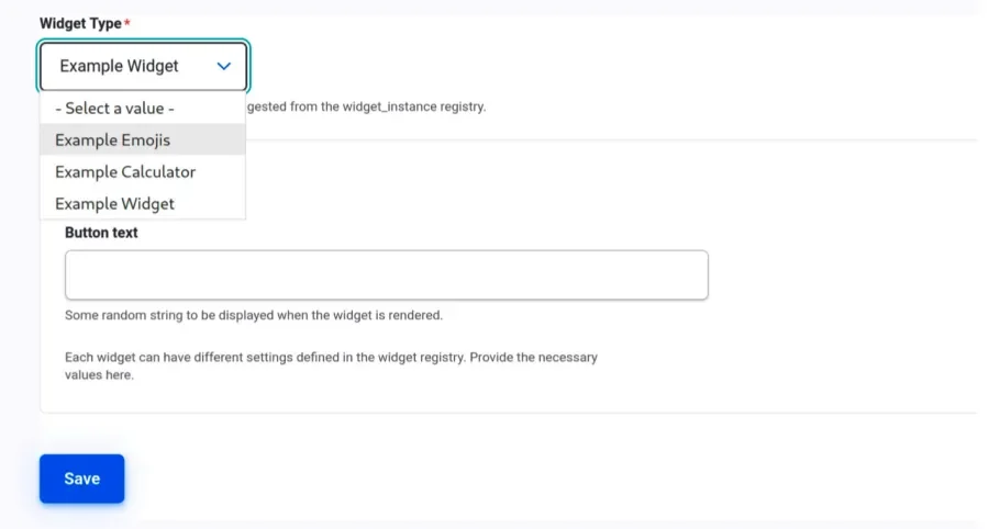 A list widgets pull from the registry, being able to select one within Drupal