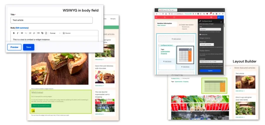 Embedding widgets via Drupal's layout builder. Shows a calculator widget being placed and then rendered on the page.