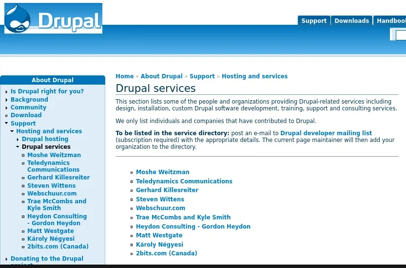 The Drupal Services page from 2005