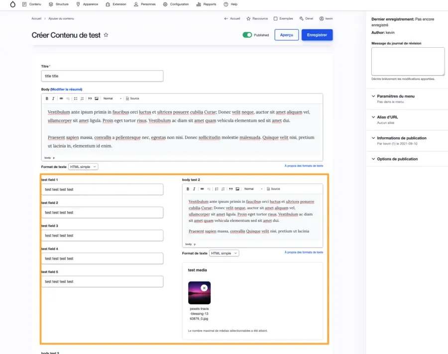 Two column region highlighted on the Drupal node form