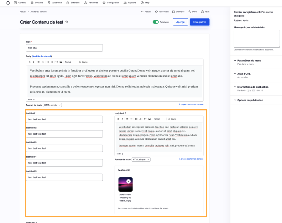 Two column region highlighted on the Drupal node form