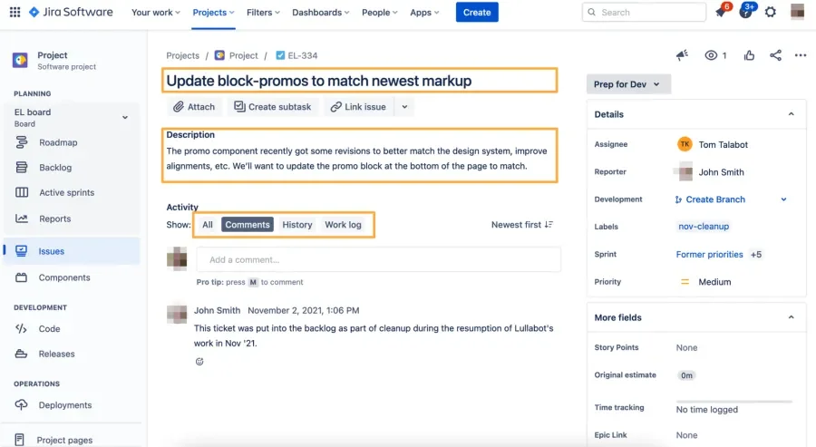 JIRA ticket form with sections highlighted showing where it can be edited without reloading the page