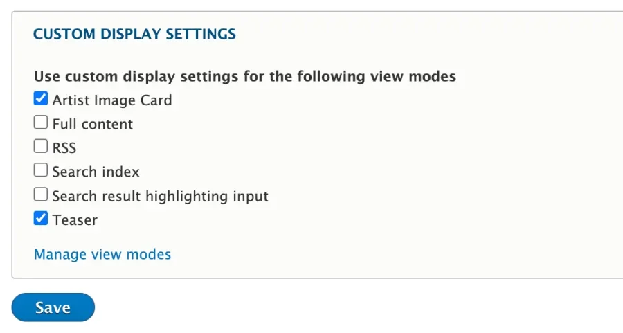 View mode options to enable for custom settings.
