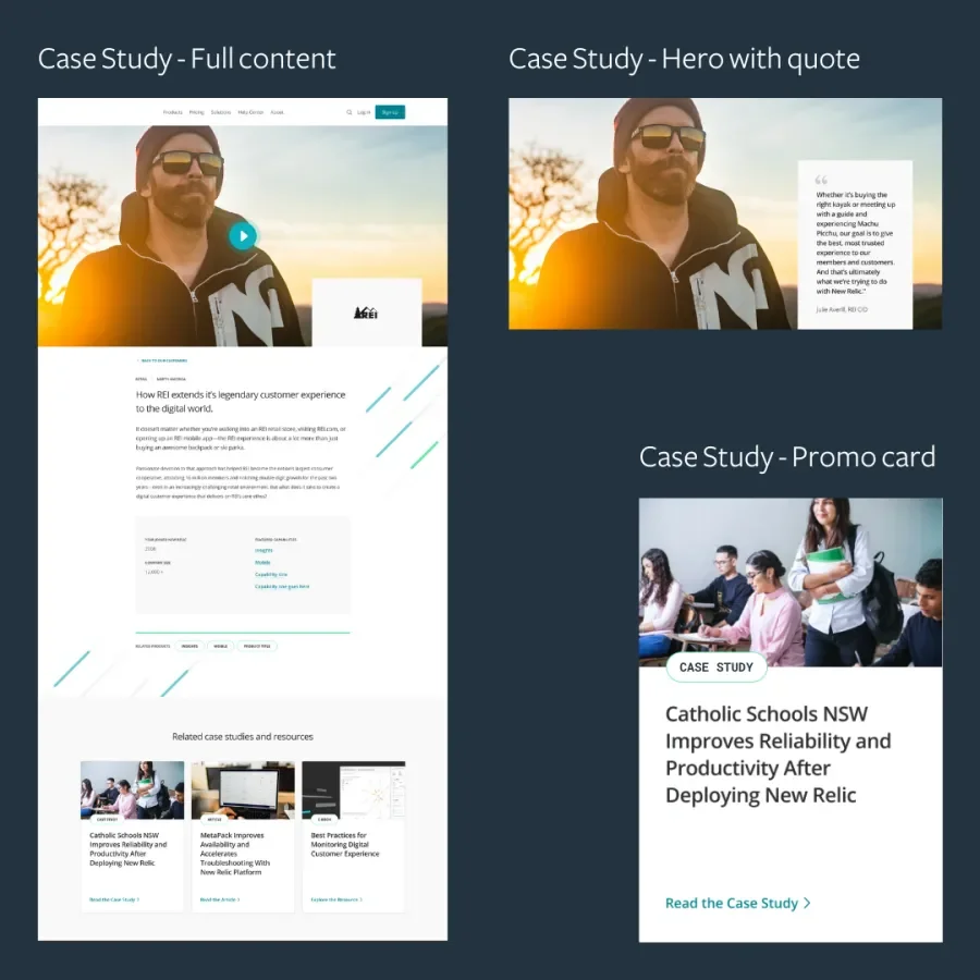 Case Study designs for full content, hero with quote, and promo card