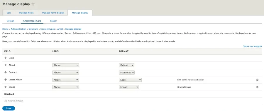 Display settings for the Artist Image Card view mode