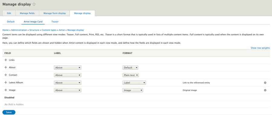 Display settings for the Artist Image Card view mode
