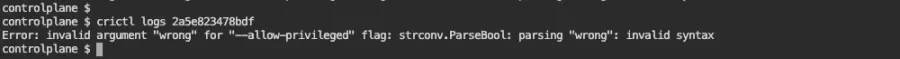 Output of crictl logs with hash, showing an error