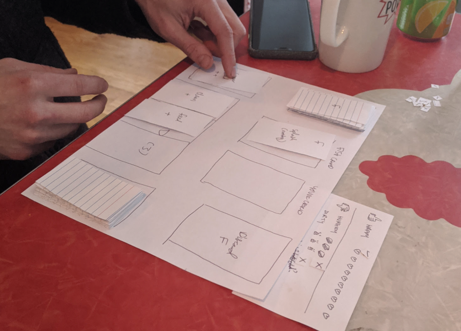 A person play-testing a paper version of a computer game, with decks of cards and game sheet