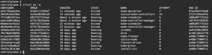 Output of watch crictl ps with exited state for kube-apiserver