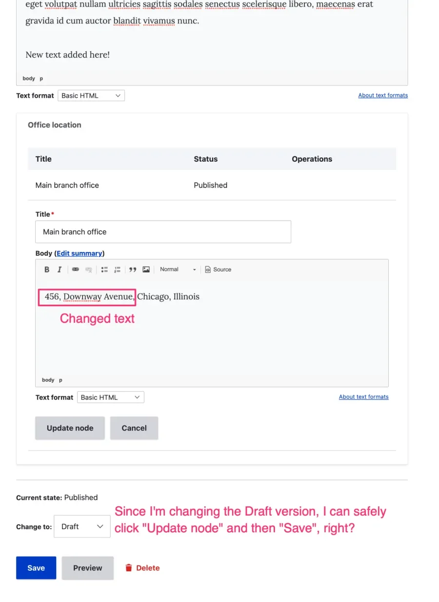 Editing the location of a bio page. Since we're changing the Draft version, we can safely click "Update node" and then "save," right?