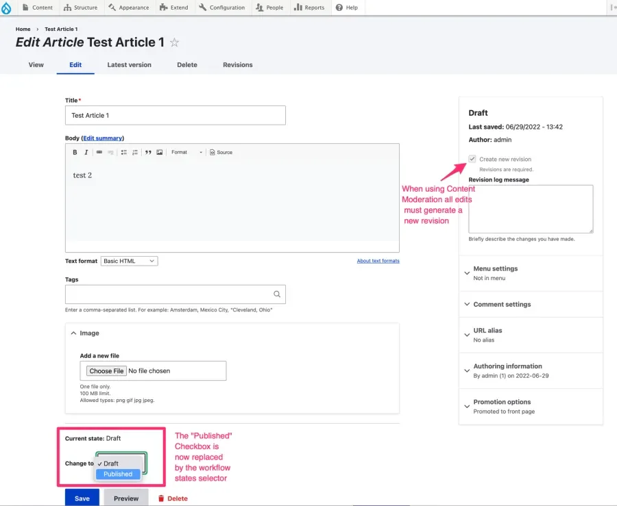 New states dropdown box that replaces the single "published" checkbox