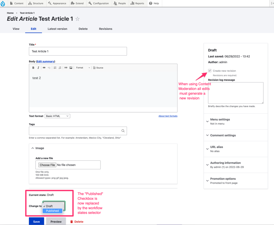 New states dropdown box that replaces the single "published" checkbox