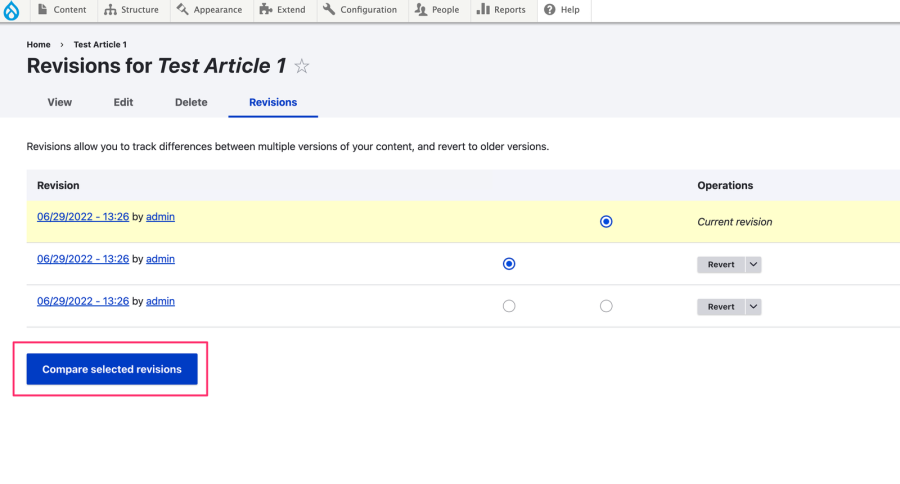 Revisions page with the Diff module enabled