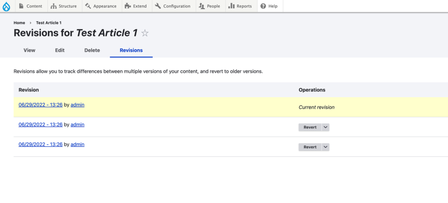 The revisions page showing 3 revisions, one of them the labeled as the current revision