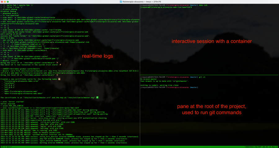 tmux window split up into three panes