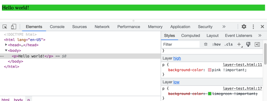 Devtools showing the wrong priority in the Styles pane