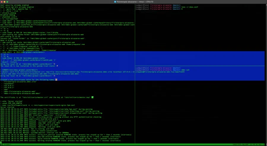 Blue selection box crossing different panes in tmux