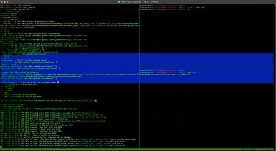 Blue selection box crossing different panes in tmux