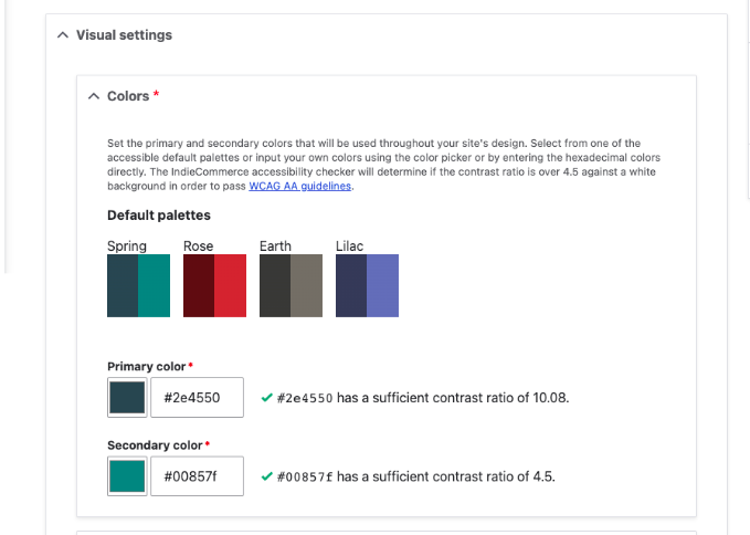UX allowing selection of colors and checking accessibility