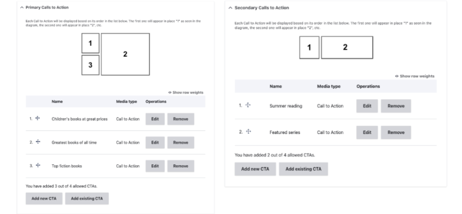 Selecting calls to action, and a small image that changes based on how many items are created