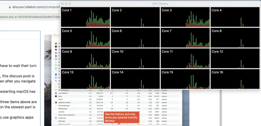 CPU history window showing 16 cores