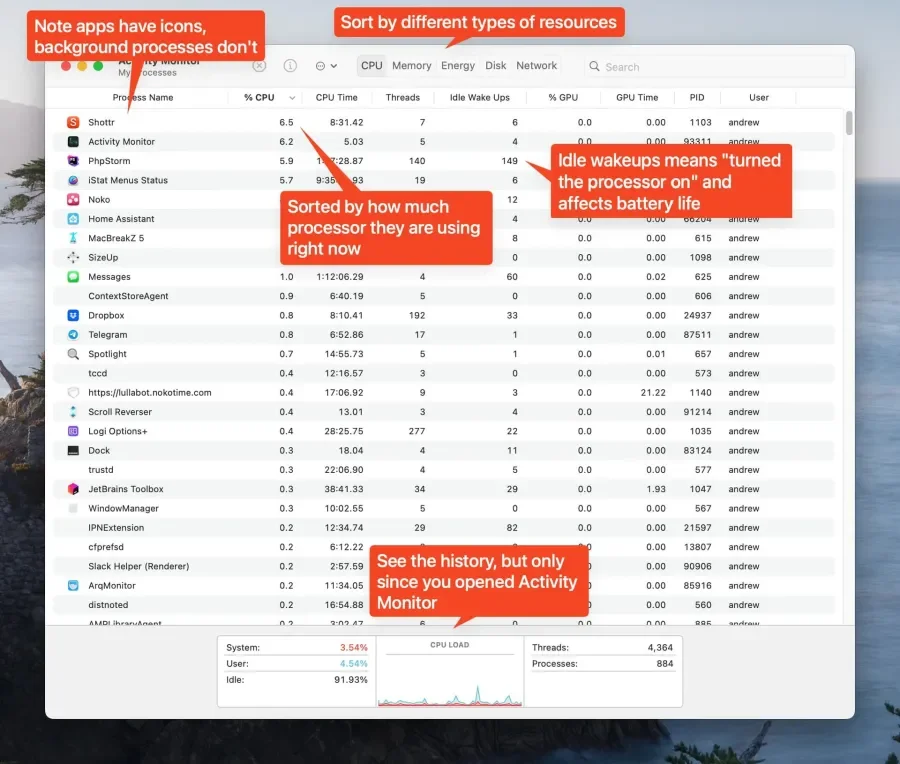 Mac activity monitor window with red annotations