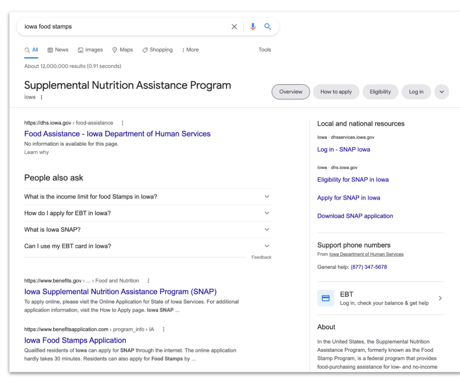 google search results for "iowa food stamps" - the description is missing from the first result.