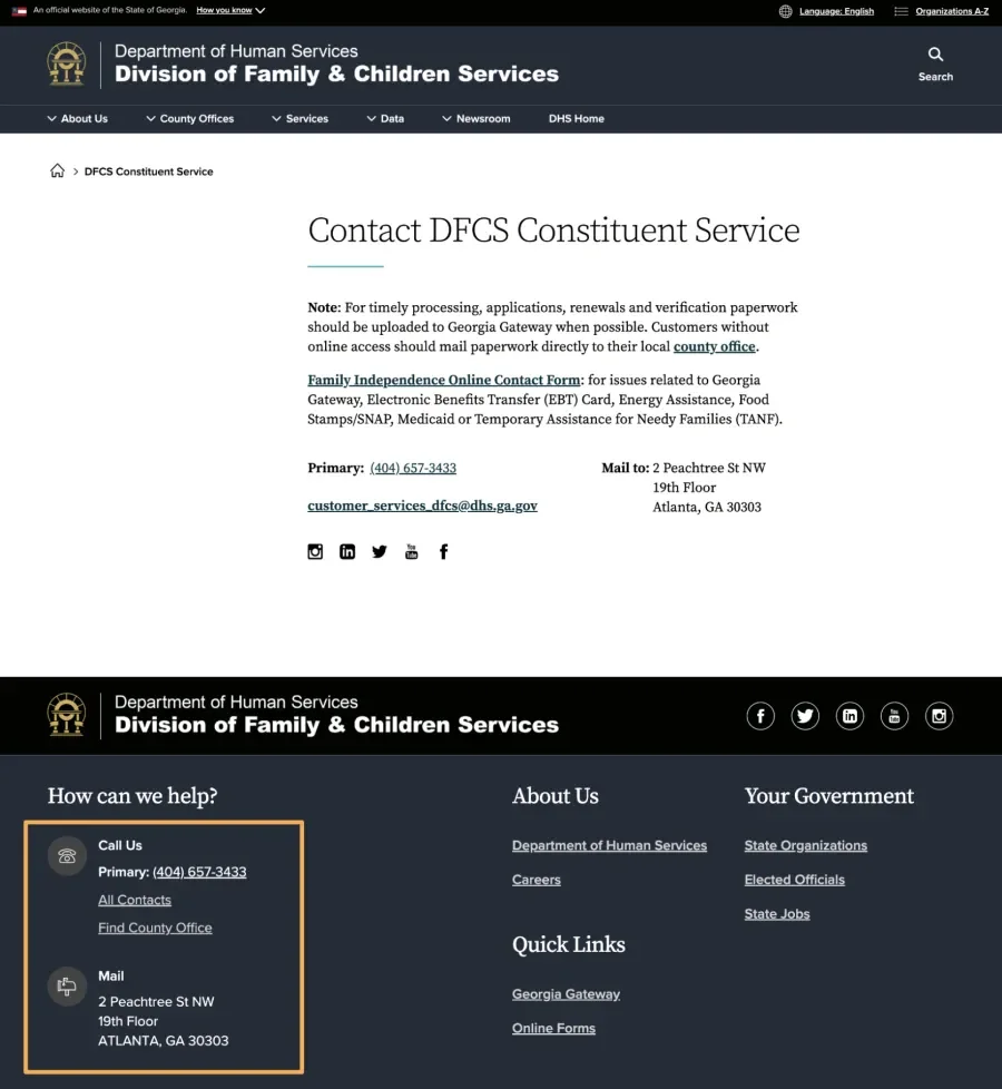 Georgia.gov page with phone number and mailing address highlighted in the footer