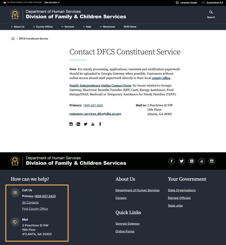 Georgia.gov page with phone number and mailing address highlighted in the footer