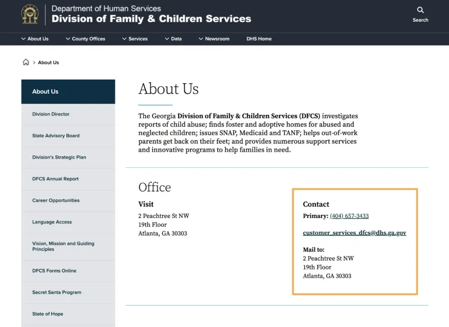 Georgia.gov phone number and mailing address highlighted contact info in about page block