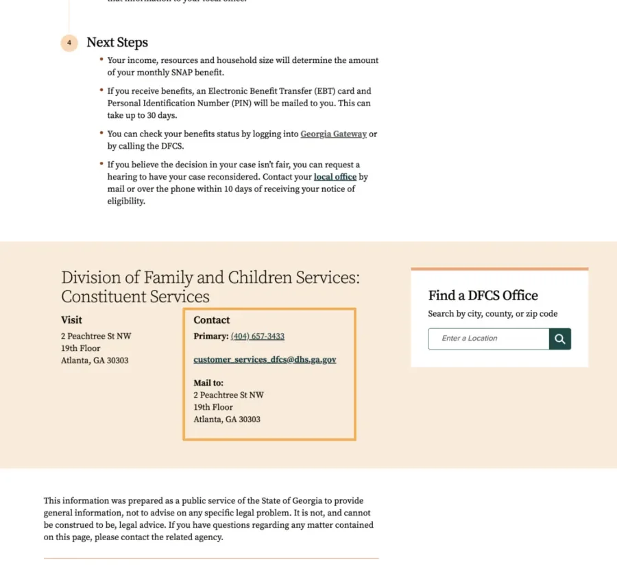 Georgia.gov page with phone number and mailing address embedded in a block on a page.