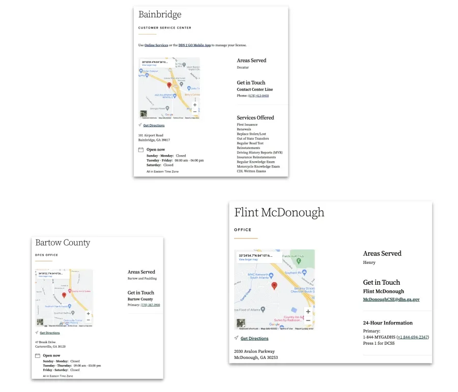 Three different pieces of location content that each have title, a map, and contact information