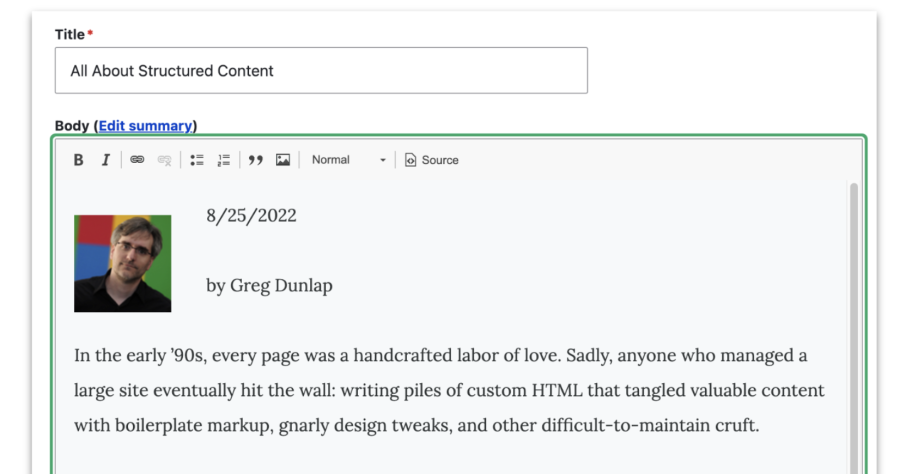A body field with author image and date inside that field