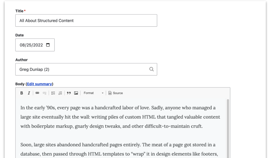 A content form with separate fields for date and author
