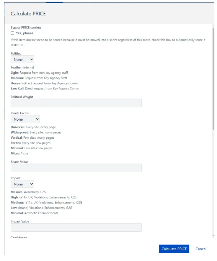 Calculating the PRICE score in JIRA