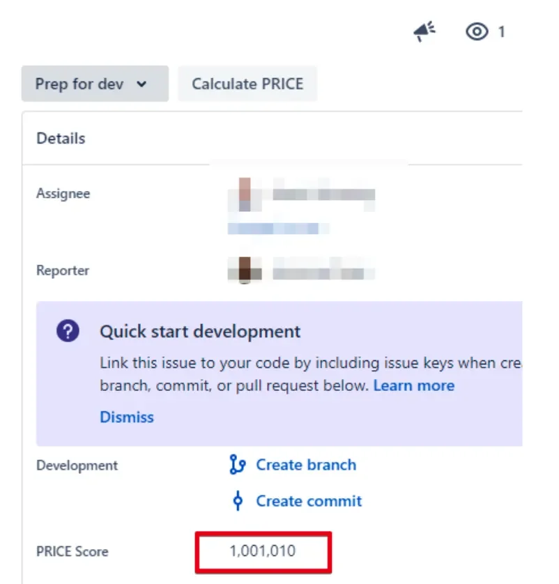 PRICE score showing on a JIRA ticket