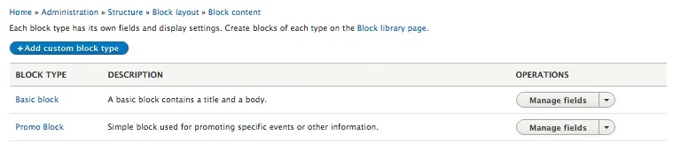 Drupal 8 block type administration screen.