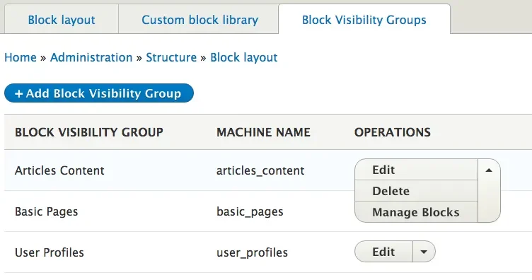 Administration screen for the Block Visibility Group module