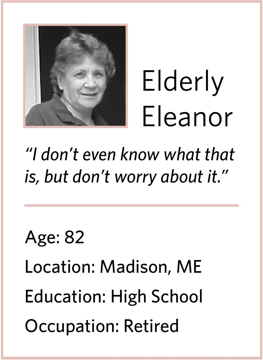 Elderly Eleanor is a persona example. She is 82, in Madison, ME, retired, with a high school education. Eleanor says "I don't even know what that is, but don't worry about it."