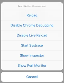 iOS React Native debugger menu