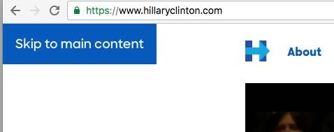 Skip link on Hillary Clinton's website
